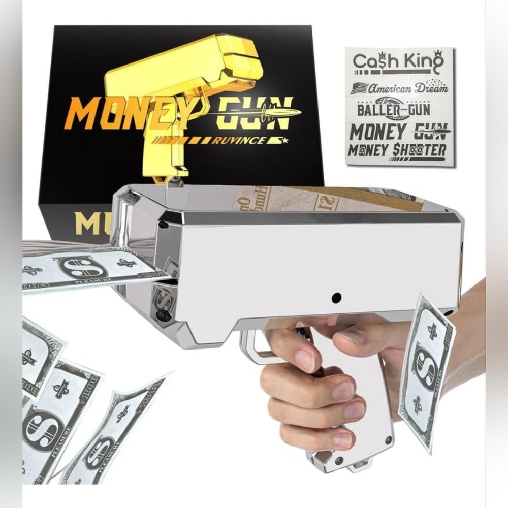 Money-Gun “Make It Rain” Cash Blaster – Party Toy | Chrome | For Parties